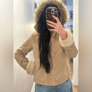 Wilsons Maxima Vintage Leather Hooded Jacket Fur Trim Tan Women’s Large